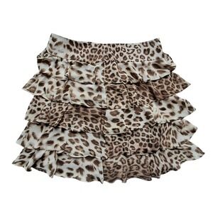 Talbots Leopard Print Tiered Ruffle Mini Skirt Brown Tan Petites 14P Zipper Back